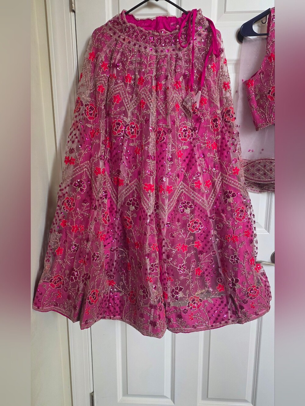 Rose Pink Net Sequins embroidered Flared Style Lehenga Choli - Size 6 - Picture 4 of 11